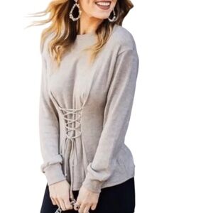 WAYF WHERE ARE YOU FROM Corset Lace Up ROUND NECK Taupe Beige Sweater S